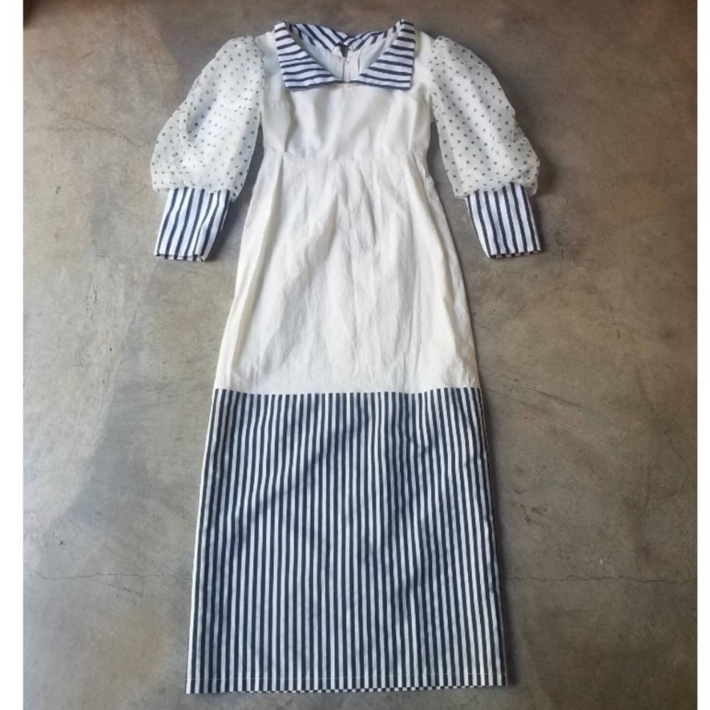 Vintage Puff Sleeve Dress Bespoke Polka Dots Stripes XS s